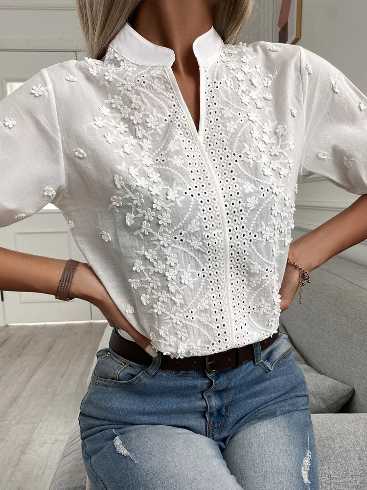 Summer Embroidery Lace V Neck Short Sleeve Tops