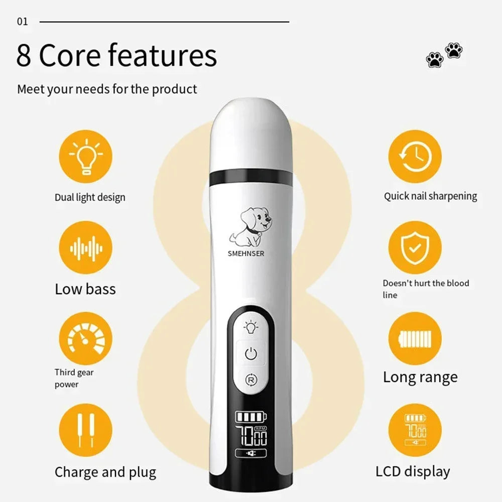 Broyeur à ongles LED rechargeable par USB pour animaux de compagnie