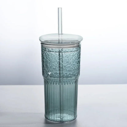Gobelet en verre rayé de 600 ml avec thé - Couvercle et paille