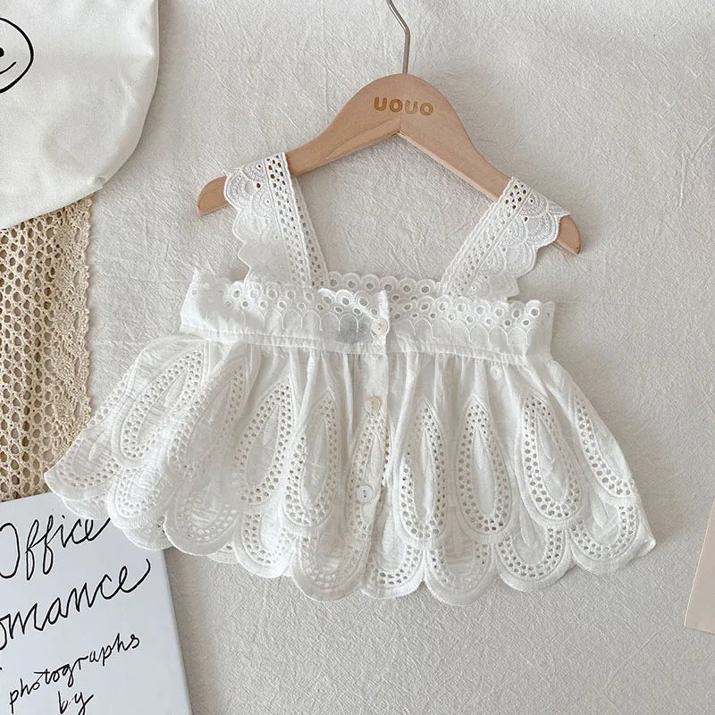 Kid's Lace Halter Seleveless Elastic Waist Denim Shorts Set