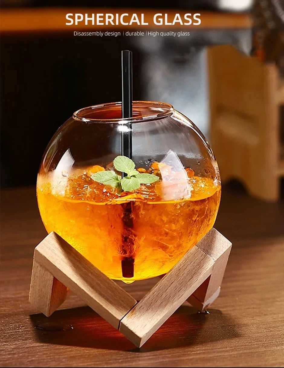 Tasse en verre à cocktail créative avec support en bois