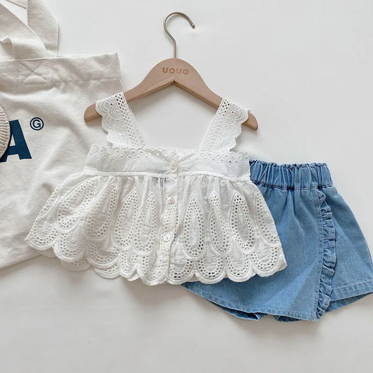 Kid's Lace Halter Seleveless Elastic Waist Denim Shorts Set