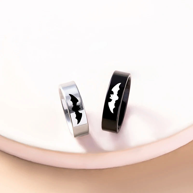 Punk Black Silver Bat Couple Rings