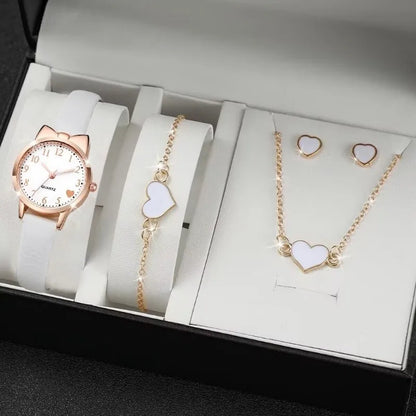 Women's PU Leather Strap Cute Cartoon Quartz Watches Jewlery Set