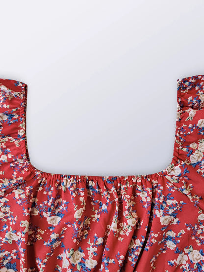 Women's Short Sleeve Floral Print Square Neck Ruffled Edge Dresses