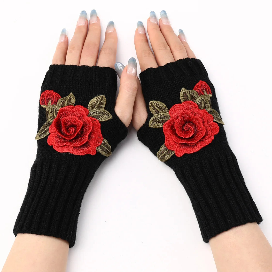 Winter Knitted Wool Flower Gloves