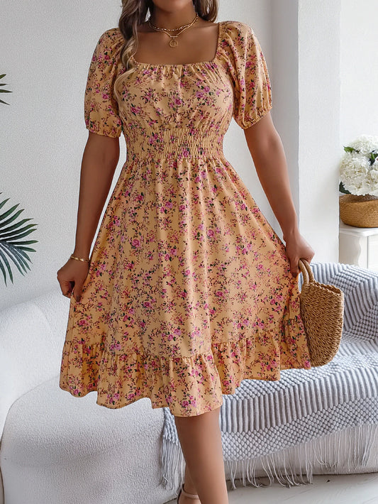 Women's Short Sleeve Floral Print Square Neck Ruffled Edge Dresses