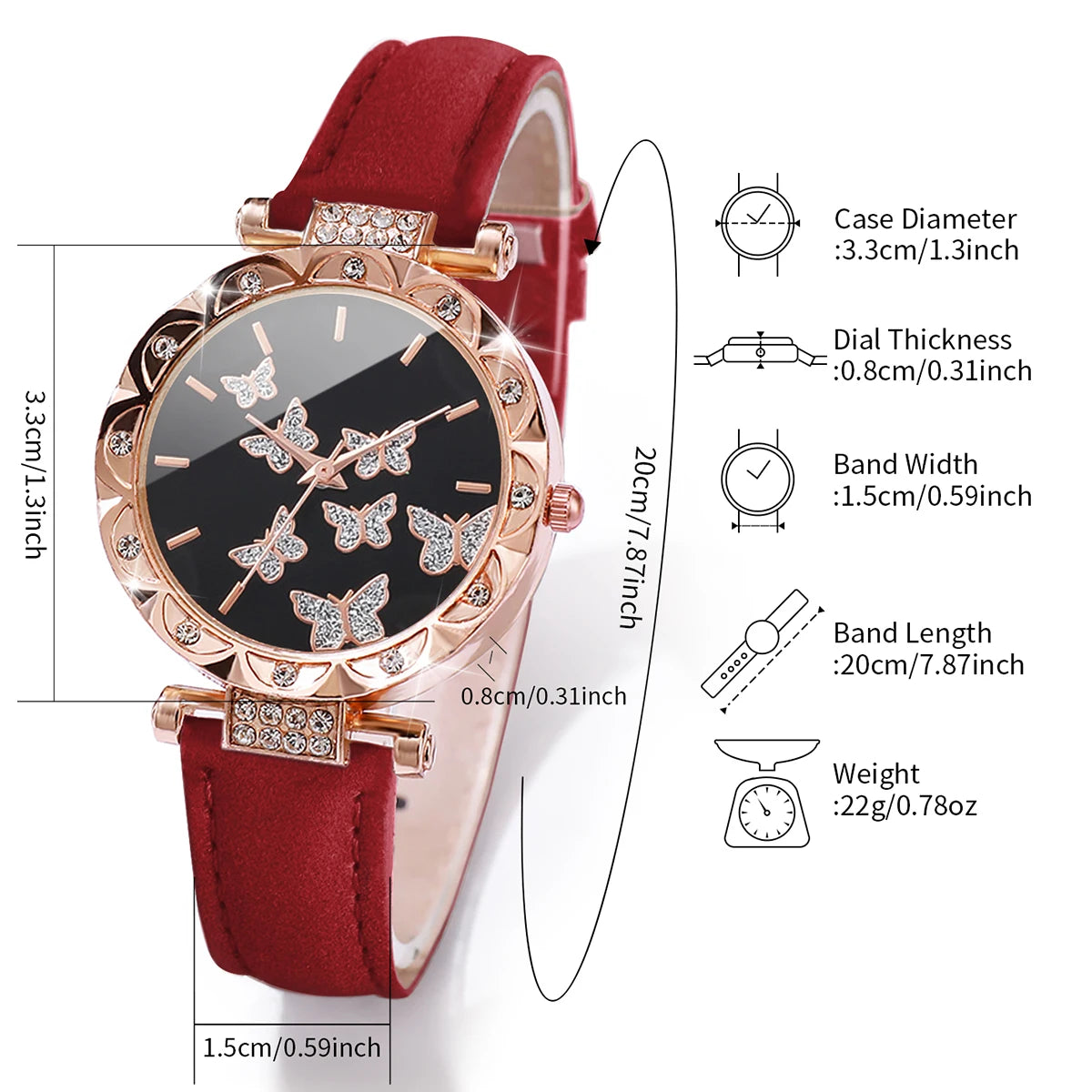 Women's Round Butterfly Dial Quartz Leather Watch Jewelry Set