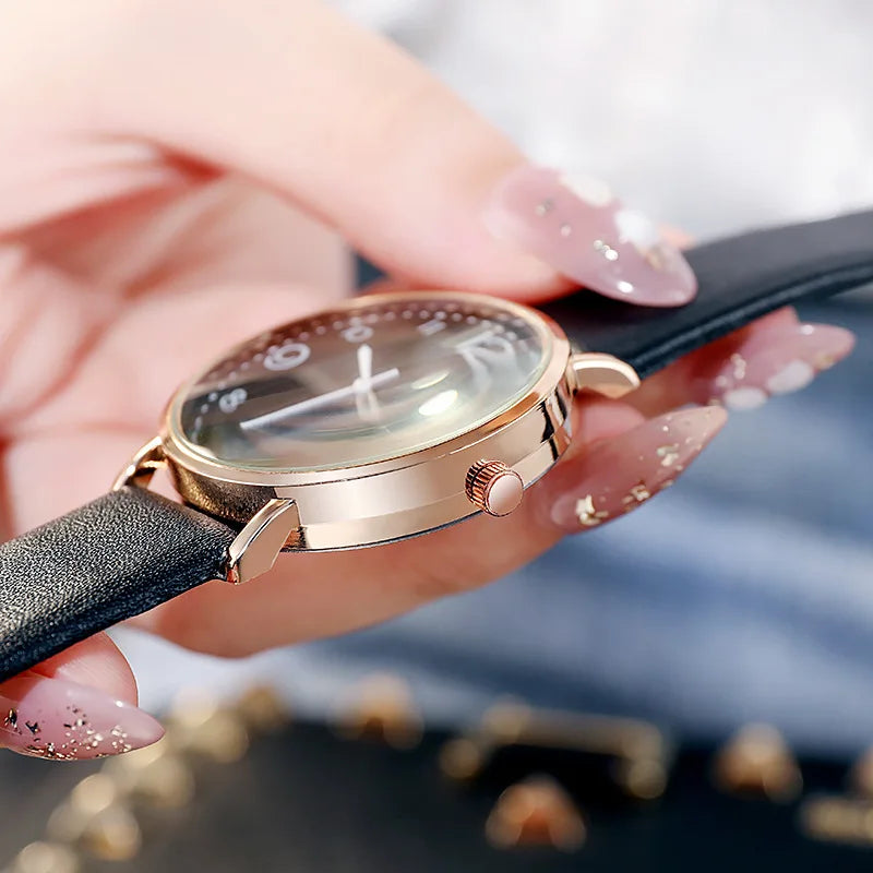 Montre à quartz pour femme avec cadran en acier inoxydable et bracelet en cuir