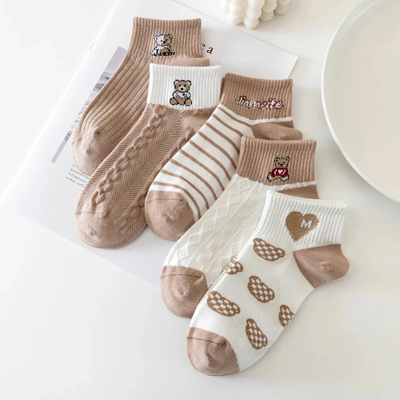 Women's Cute Bear & Hearts Print Ankle Socks