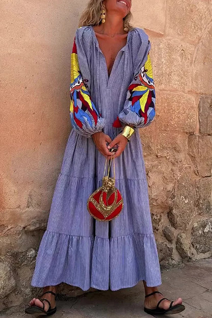 Women's V-Neck Printed Long Sleeve Dress