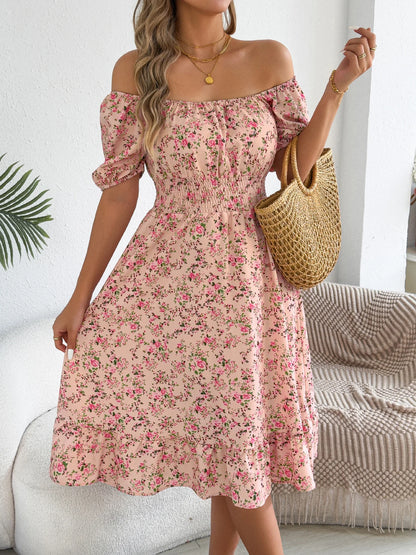 Women's Short Sleeve Floral Print Square Neck Ruffled Edge Dresses