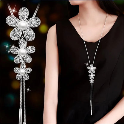 Hollow Leaves & Flowers Crystal Tassel Necklace