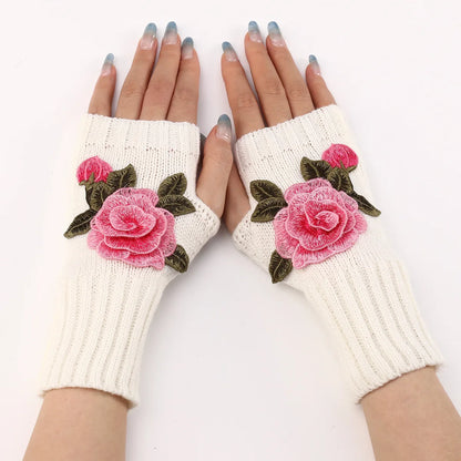 Winter Knitted Wool Flower Gloves