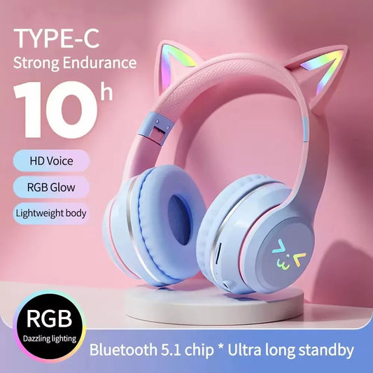 RGB Glow Cat Ear Gaming Headset  for Girls