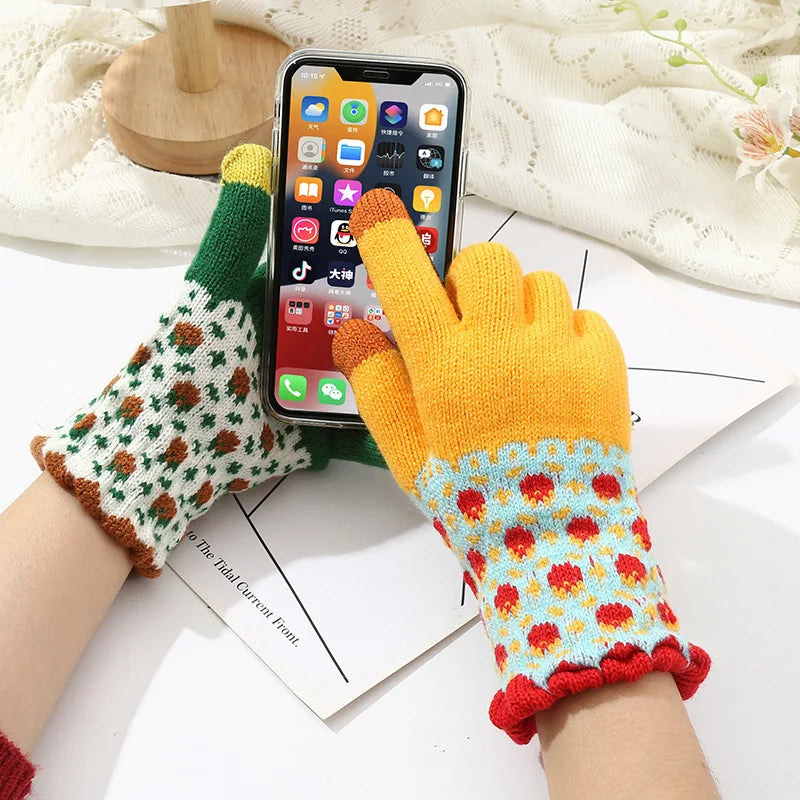 Warm Flower Knitted Touchscreen Gloves