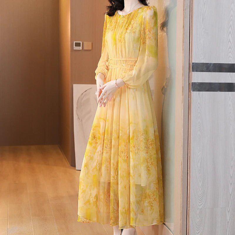 Women's Floral Silk Long Sleeve Bodycon Maxi Prom Dress