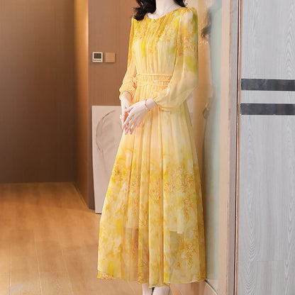 Women's Floral Silk Long Sleeve Bodycon Maxi Prom Dress