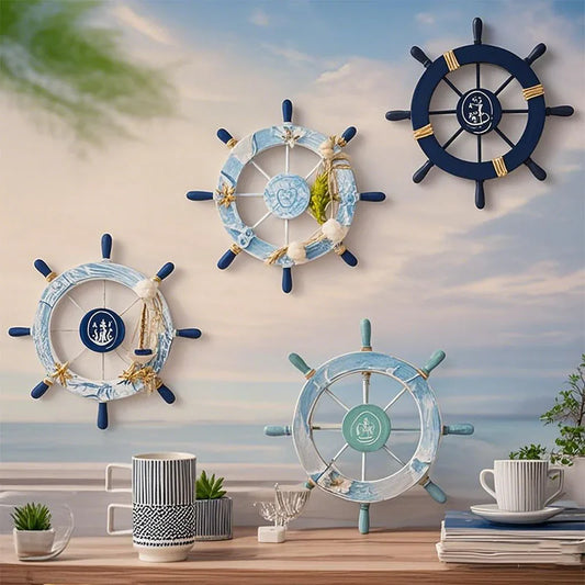 Décoration de gouvernail de bateau méditerranéen nautique, roue de bateau en bois, barre de salon