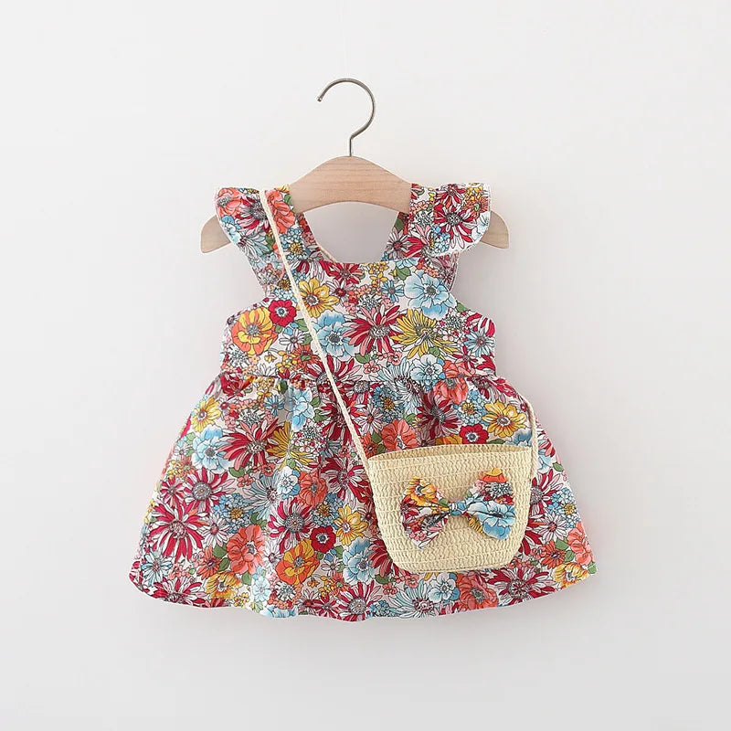 Baby Girl's Dress - Flower Flying Sleeve Dress with Straw Bag