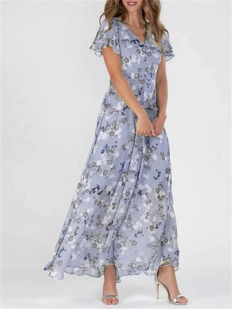 Women's Ruffle Short Sleeve V Neck Floral Chiffon Maxi Dresses