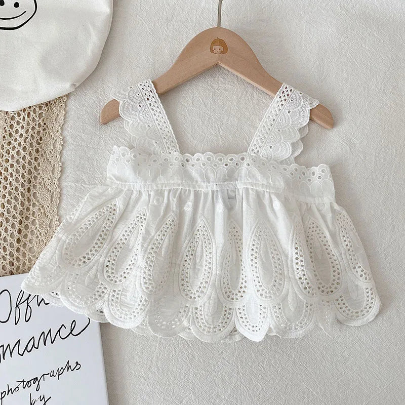 Kid's Lace Halter Seleveless Elastic Waist Denim Shorts Set