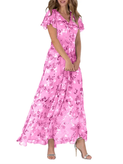Women's Ruffle Short Sleeve V Neck Floral Chiffon Maxi Dresses