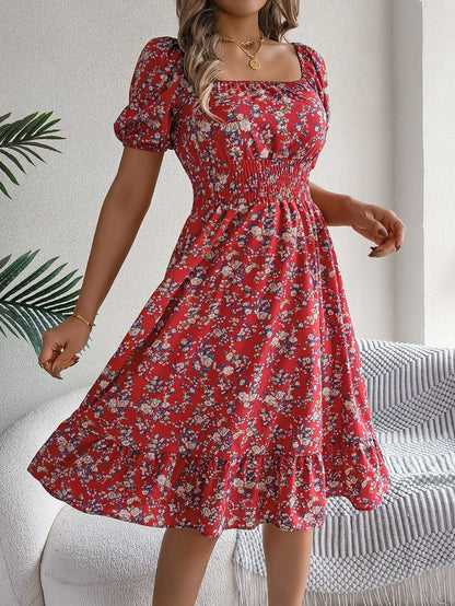Robe d'été fleurie à col carré et manches bouffantes pour femme 
