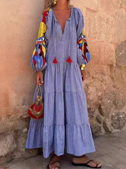 Women's V-Neck Printed Long Sleeve Dress