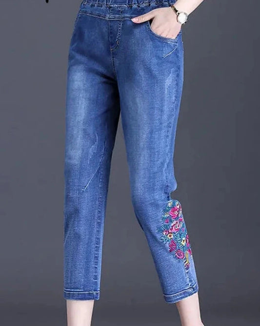 Pantalon Capris En Denim Brodé Taille Haute