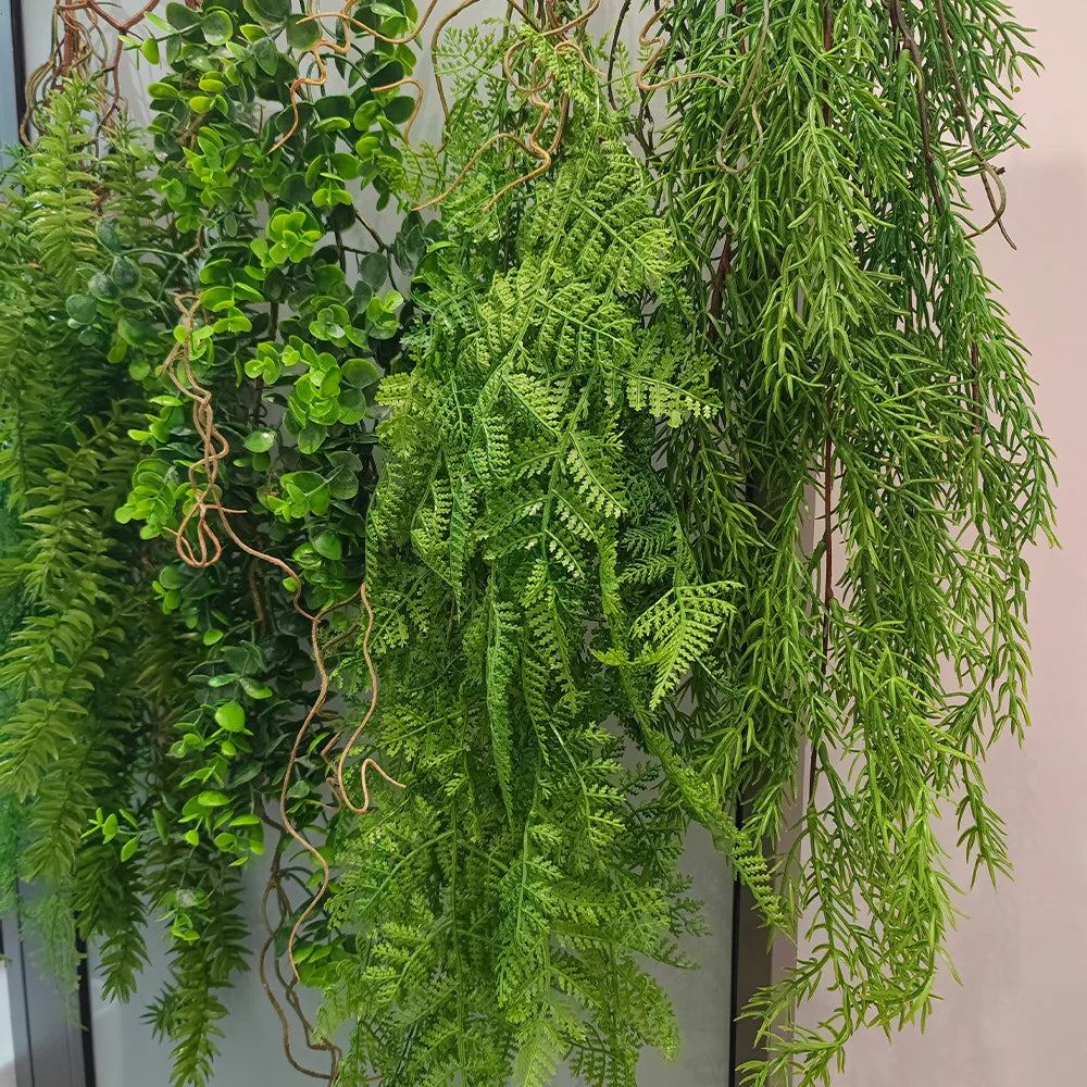 Plante suspendue en rotin et herbe verte