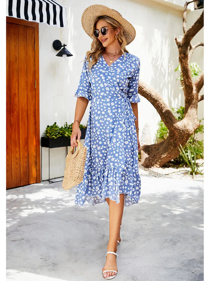 Boho Floral Ruffle Midi Maxi Dress