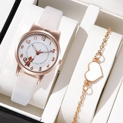 Women's PU Leather Strap Cute Cartoon Quartz Watches Jewlery Set