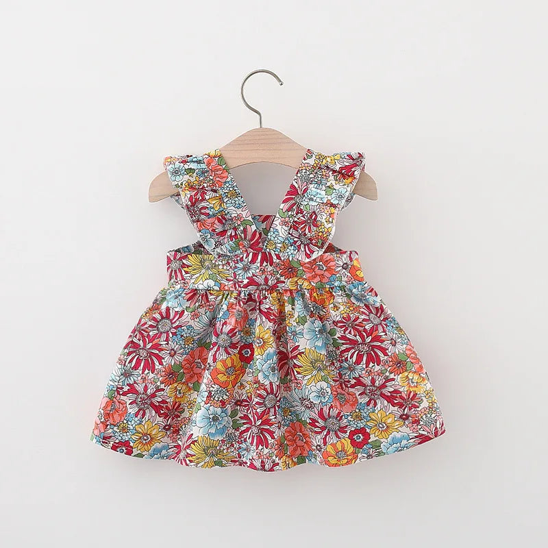 Baby Girl's Dress - Flower Flying Sleeve Dress with Straw Bag