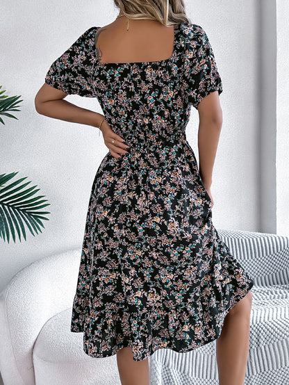 Women's Short Sleeve Floral Print Square Neck Ruffled Edge Dresses