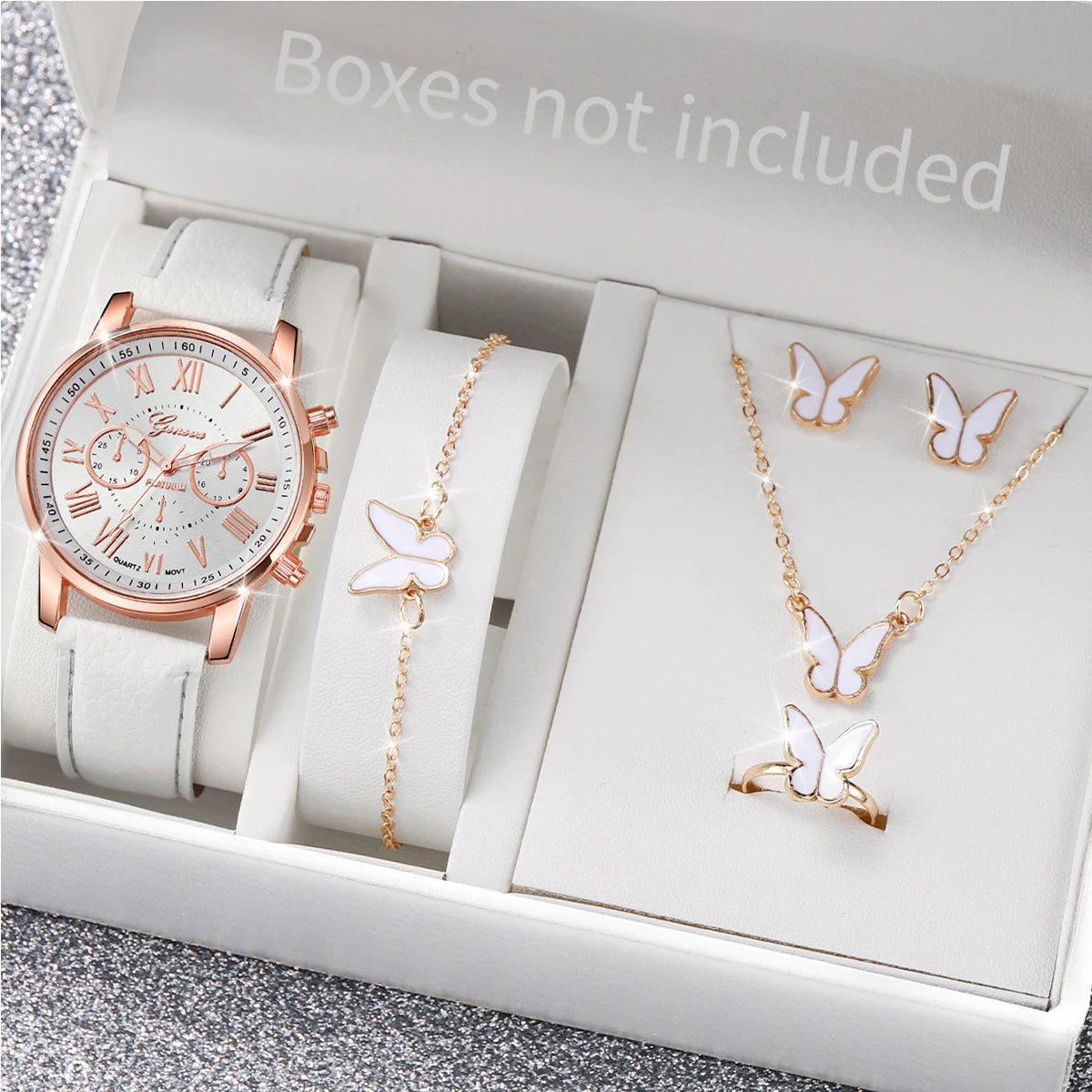 Montre-bracelet en strass avec bague, collier et boucles d'oreilles assorties pour femme 