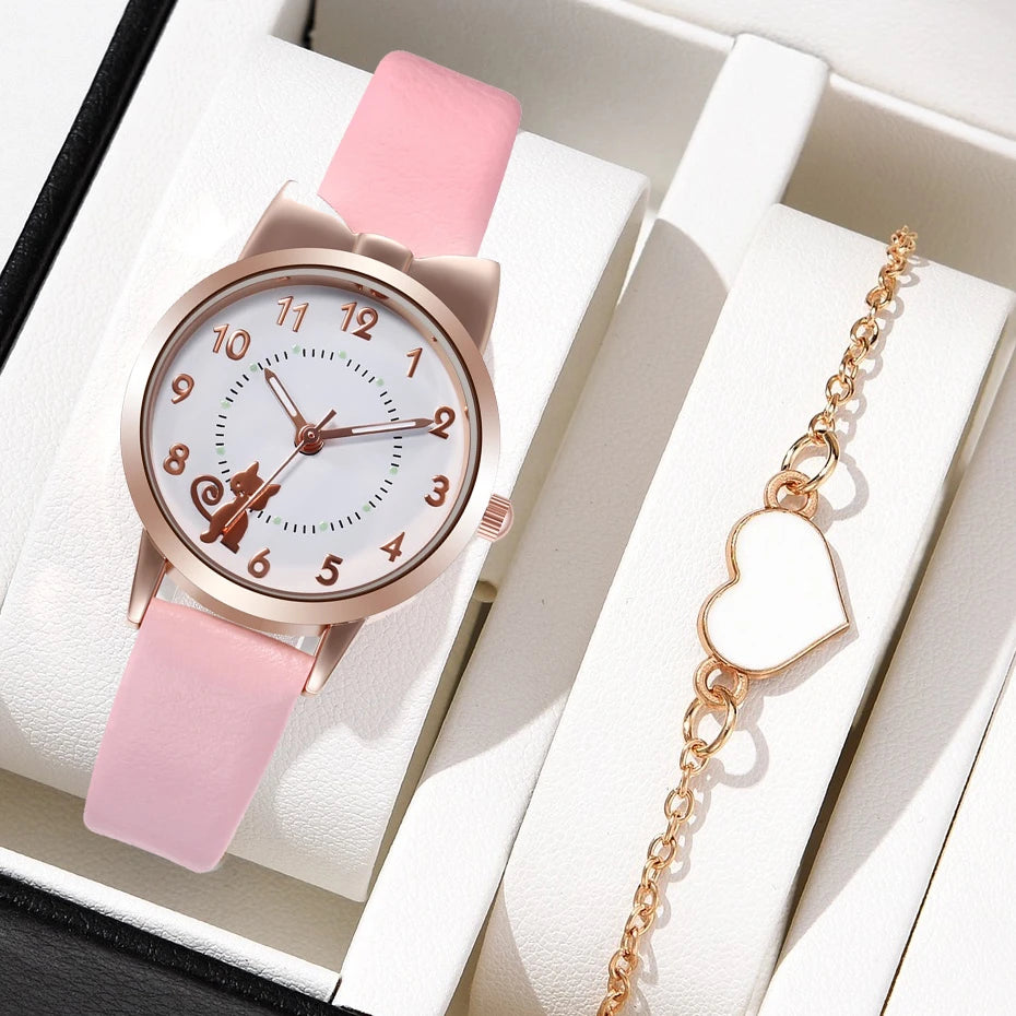 Women's PU Leather Strap Cute Cartoon Quartz Watches Jewlery Set
