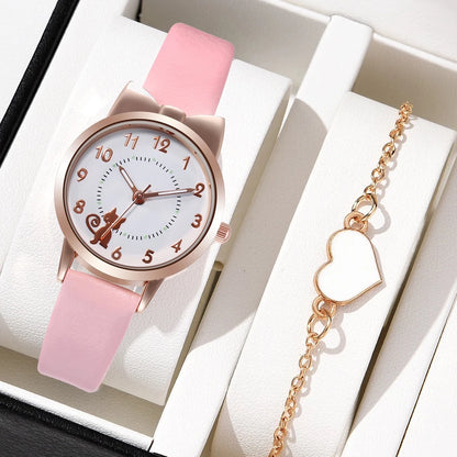 Women's PU Leather Strap Cute Cartoon Quartz Watches Jewlery Set