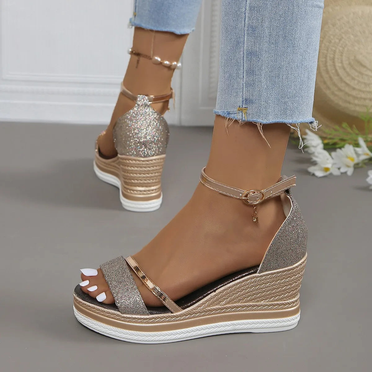 Golden Platform Wedge Sandals