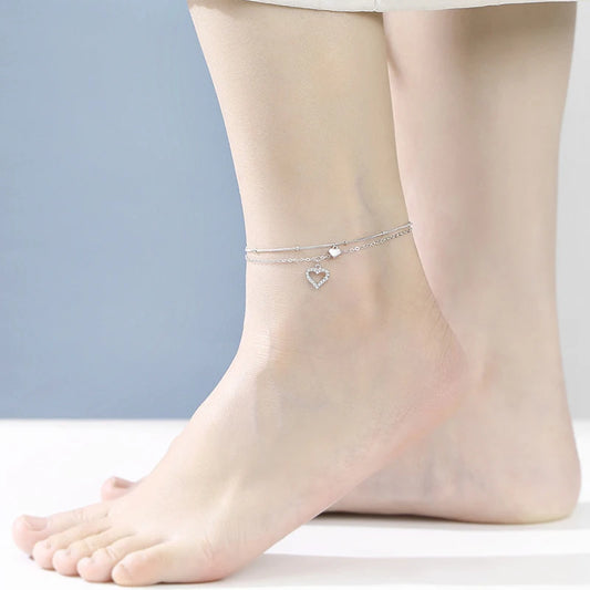 925 Sterling Silver Love Heart Anklets For Women