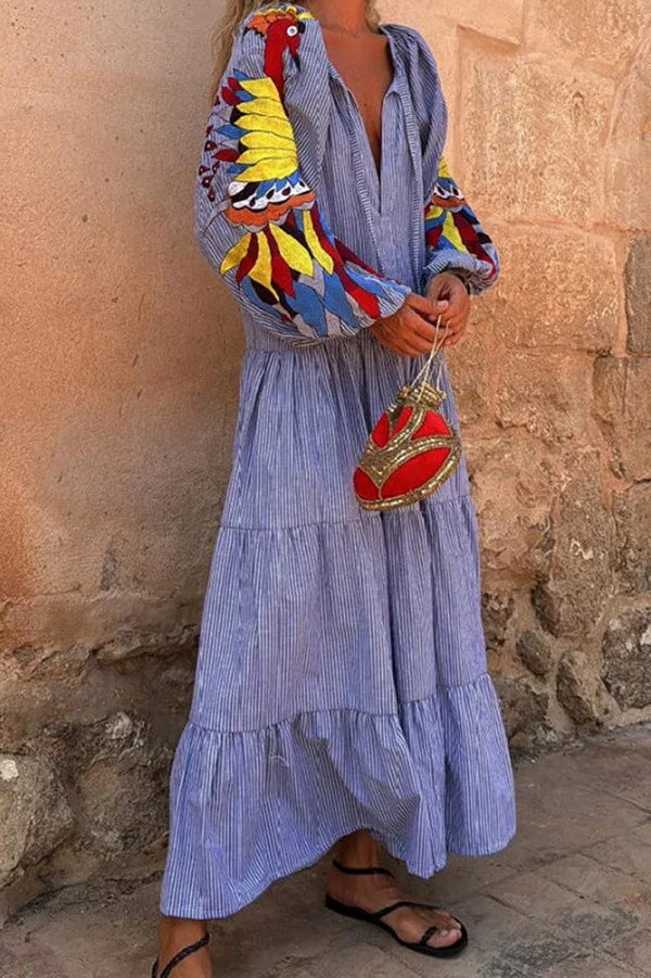 Women's V-Neck Printed Long Sleeve Dress