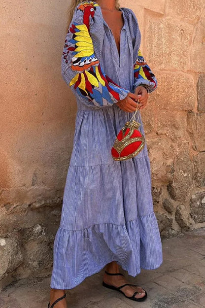 Women's V-Neck Printed Long Sleeve Dress