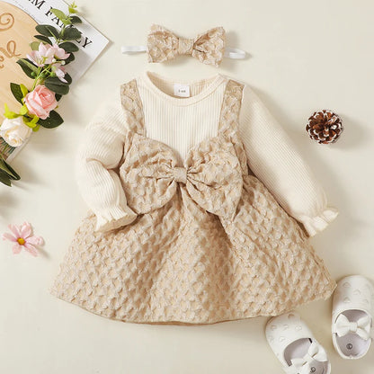 Ensemble 2 pièces pour bébé, robe à manches longues et bandeau de couleur unie