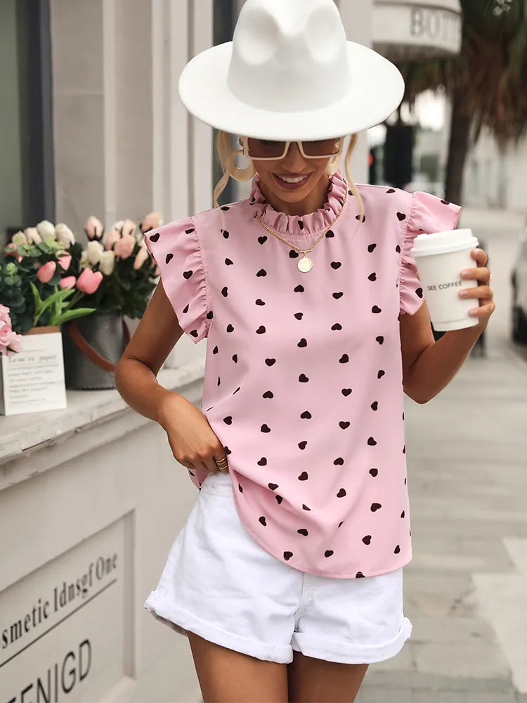 Chiffon Print Ruffle Short Sleeve Summer Top