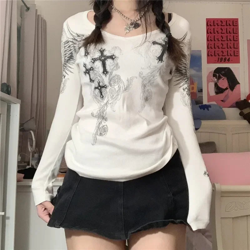 Graphic Cross Wings Print Long Sleeve Tops