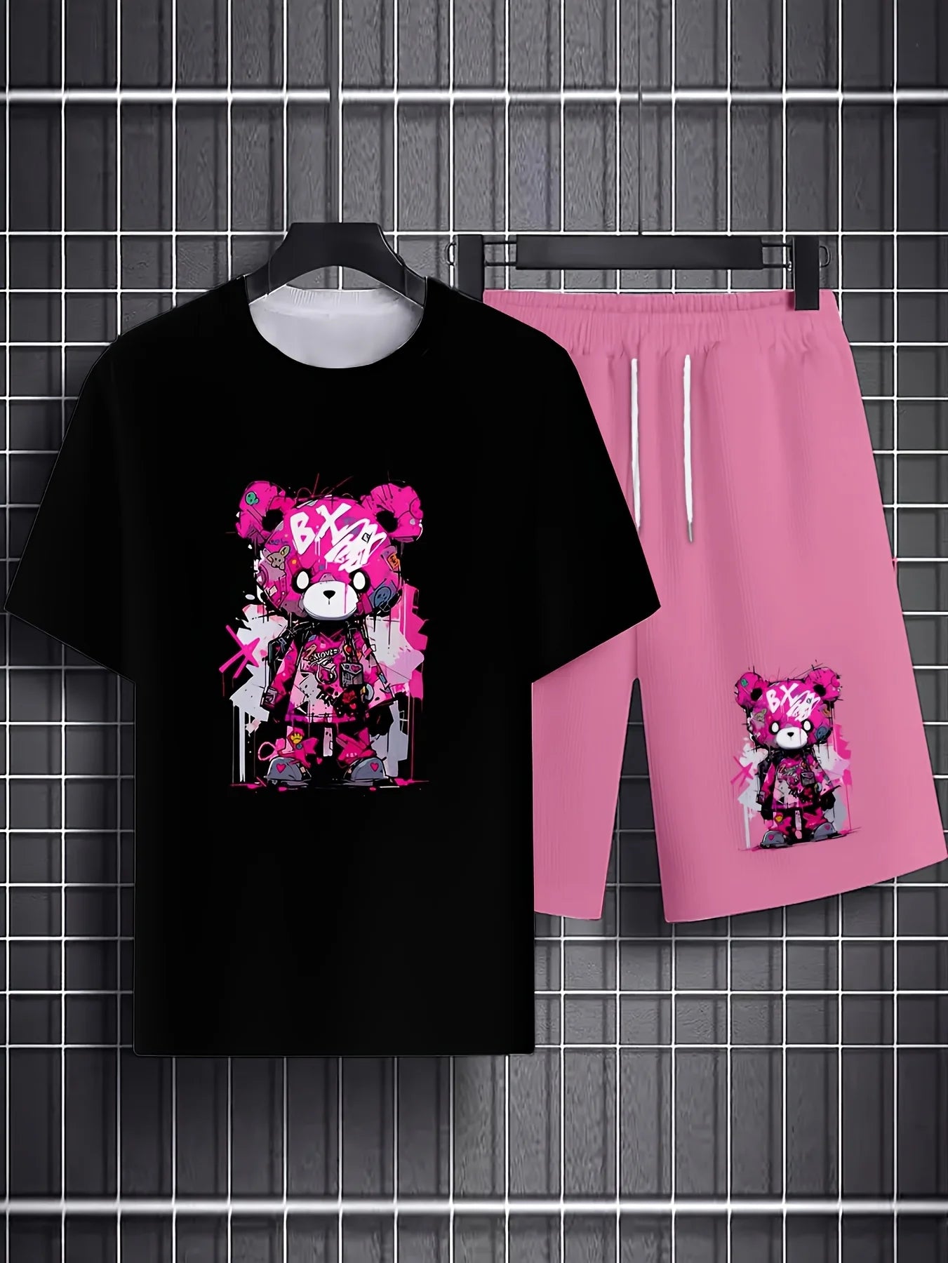 Survêtement d'été à manches courtes pour homme avec imprimé ours