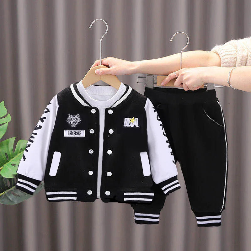 Kid's Spring Autumn Cartoon Print Baseball Coat Pants Suit