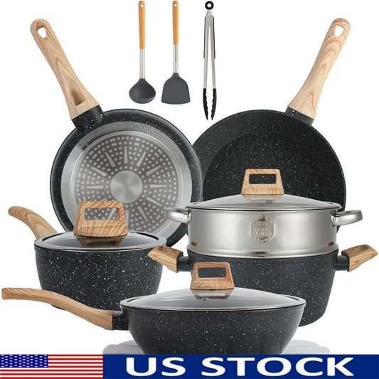 Batterie de cuisine antiadhésive en granit de 16 pièces