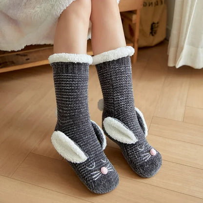 Chaussettes d'hiver en peluche avec oreilles de lapin 3D