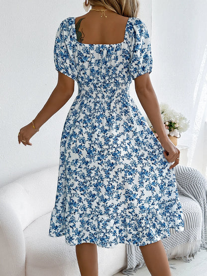 Women's Short Sleeve Floral Print Square Neck Ruffled Edge Dresses